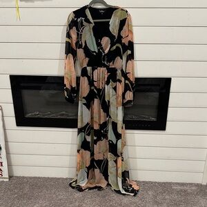 Lulu's Black and Peach Floral Long Sleeve Dress